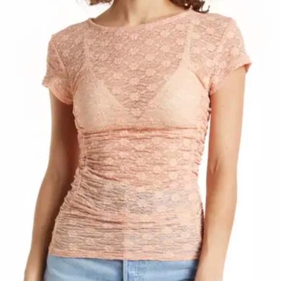 Free People Keep it Simple Ruched Lace Top Coral Sands - Picture 1 of 3